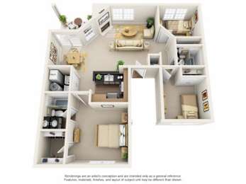 Floor Plan  A 3D floor plan of a house with a kitchen, living room, and two bedrooms.