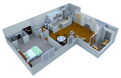 Floor Plan  A 3D rendered image of a modern apartment layout.