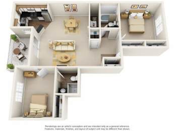 Floor Plan  A 3D floor plan of a house showing a kitchen, living room, dining room, and bedrooms.