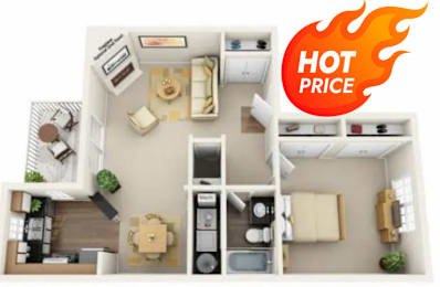 Floor Plan  A floor plan of a small apartment with a "HOT PRICE" label.