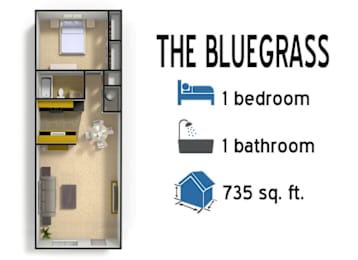 Floor Plan  A graphic of a small house with a bedroom, bathroom and living room.