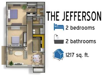 Floor Plan  A diagram of apartment layout called The Jefferson which has 2 bedrooms, 2 bathrooms and is 1217 sq. ft.