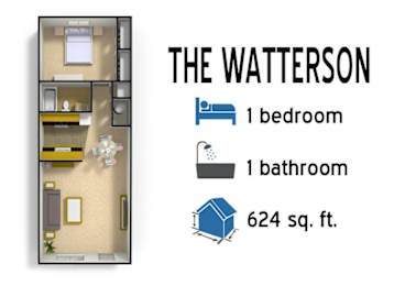 Floor Plan  A graphic of a one bedroom apartment with a bathroom and a living room.