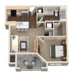1 Bed 1 Bath 3D Floor Plan at Plantation Crossing, LA, 70508