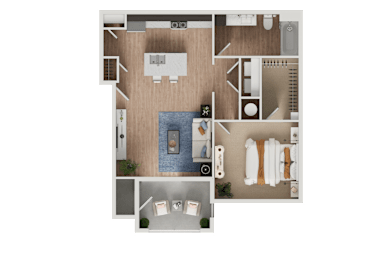 A top-down view of a room with a bed, a couch, a table, and a kitchen area.