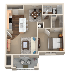 1 Bed 1 Bath 3D Floor Plan at Plantation Crossing, Lafayette