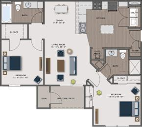 A floor plan of a house with a living room, dining room, kitchen, and two bedrooms.