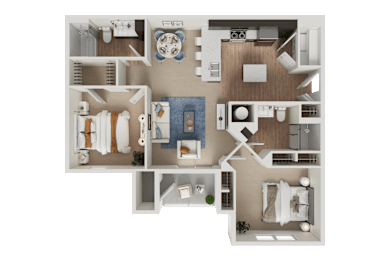 A detailed 3D floor plan of a house layout.