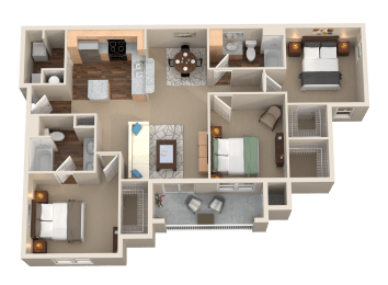 3 Bed 2 Bath 3D Floor Plan at Plantation Crossing, Lafayette, LA