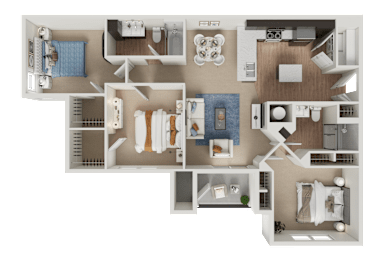 A detailed 3D floor plan of a house showing all rooms and furniture layout.