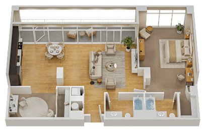 A top-down view of a living room, dining area, kitchen, and bathroom.