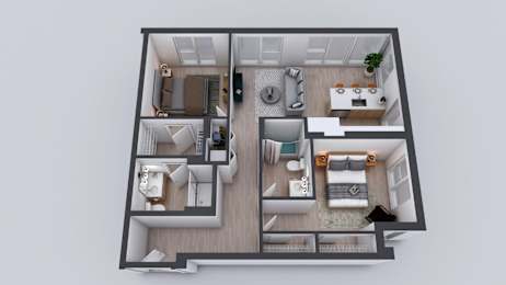A top-down view of a two-bedroom apartment with a living room, kitchen, and bathroom.