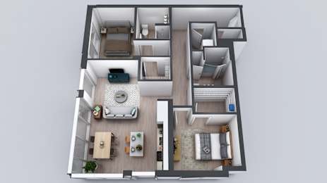 A 3D floor plan of a small apartment with a kitchen, living room, and bedrooms.