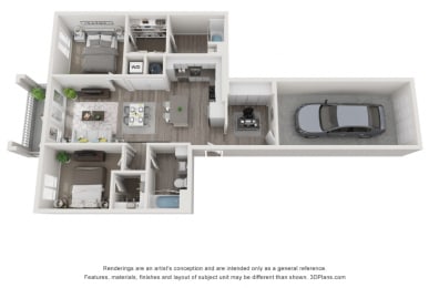 a stylized floor plan with a bedroom and a car
