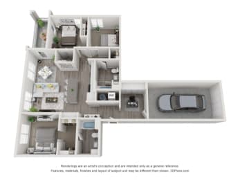 a stylized floor plan with a bedroom and a living room