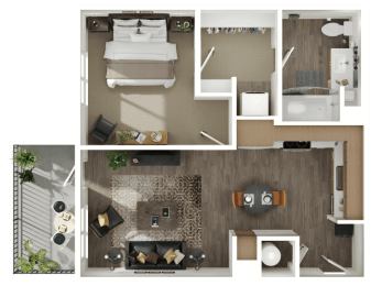 a 3d rendering of a bedroom with a bathroom and a living room