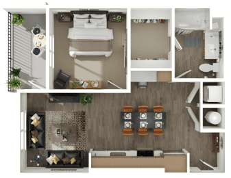 a 3d rendering of a bedroom with a bathroom and a living room