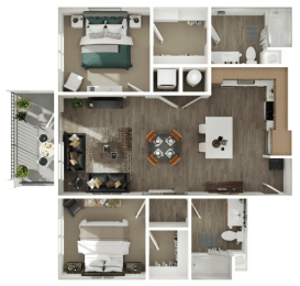 a 3d rendering of a bedroom with a living room and a dining room