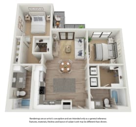 a stylized floor plan with a bedroom and a living room