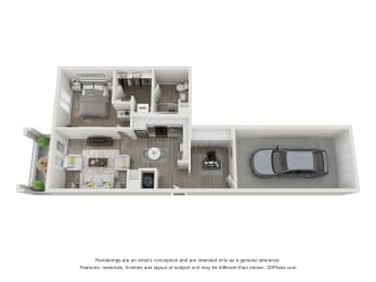 A1P 3D floor plan - 1 bed 1 bath 726 sqft