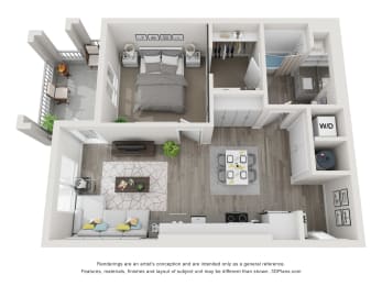 A2 3D floor plan- 1 bed 1 bath 674 sqft