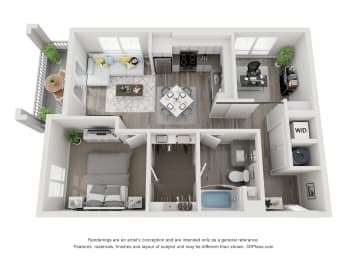A4 3D floorplan - 1 bed 1 bath 796 sqft