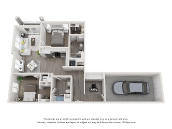 B2P 3D floorplan - 2 bed 2 bath 1142 sqft