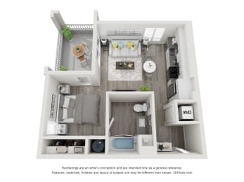 S1 3D floorplan - studio 1 bed 546 sqft