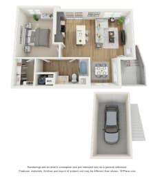 a stylized floor plan with a car in a bedroom