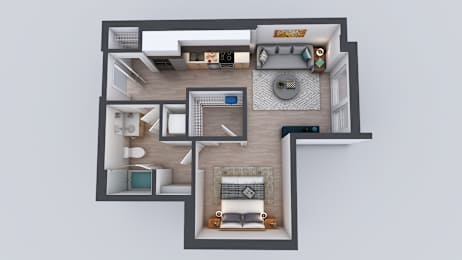 A 3D rendered image of a house layout.