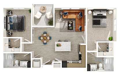A top-down view of a modern apartment layout with a kitchen, living room, and bathroom.