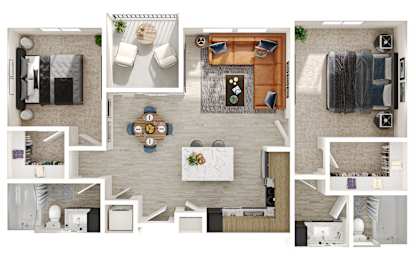 A collage of different room layouts with furniture.