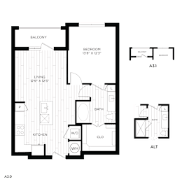A drawing of a floor plan for a two-bedroom apartment.