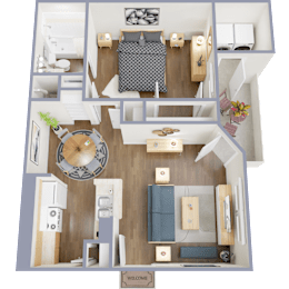 A top-down view of a small apartment with a bedroom, living room, and kitchen.