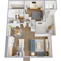 A top-down view of a small apartment with a living room, kitchen, and bedroom.