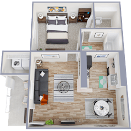3D floor plan with bedroom and open living space at Cottages at Bedford Apartments, Bedford, TX 76021