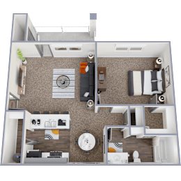 A 3D floor plan of a small apartment with a kitchen, living room, and bedroom.