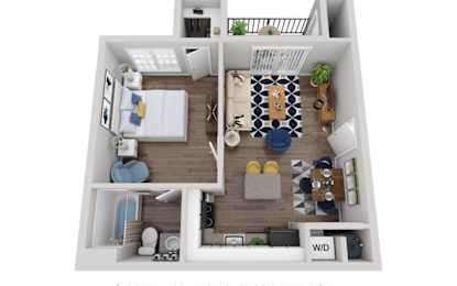 A top down view of a small apartment with a kitchen, living room, and bathroom.