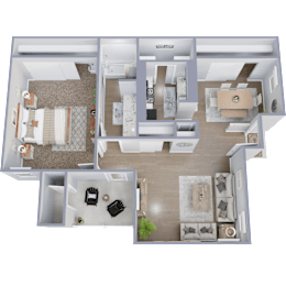 A detailed 3D floor plan of a modern apartment layout.
