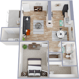3D floor plan with bedroom and bathroom layout at Cottages at Bedford Apartments, Bedford, TX