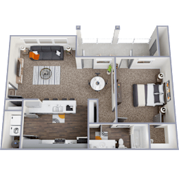 A 3D floor plan of a small apartment with a living room, kitchen, and bedroom.