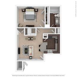 A floor plan of a small apartment with a kitchen, living room, and bathroom.