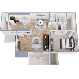One bedroom 3D floor plan layout at Cottages at Bedford Apartments, Bedford, 76021