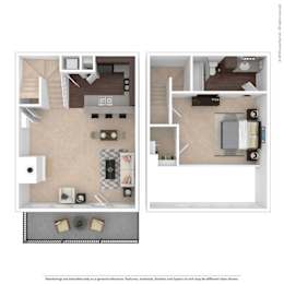 A floor plan of a two-bedroom apartment with a living room, kitchen, and bathroom.