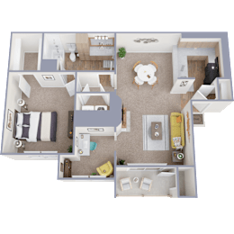 A 3D floor plan of a house with a living room, kitchen, dining room, and bedrooms.