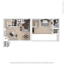 A floor plan of a two-bedroom apartment with a living room, kitchen, and bathroom.