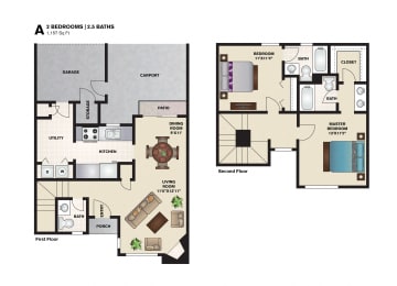 2 bed 2.5 bath floor plan A at Amberly Village Townhomes, Garland, Texas