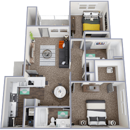 A 3D rendered image of a compact apartment layout.