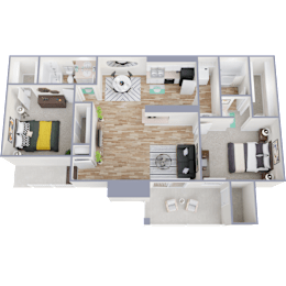 3D floor plan with two bedrooms and balcony at Cottages at Bedford Apartments, Bedford, Texas