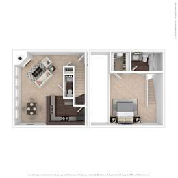 A floor plan of a small apartment with a living room and a bedroom.